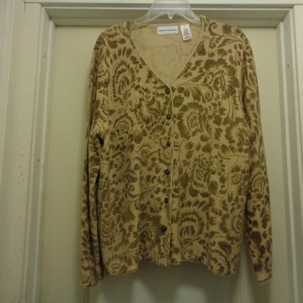 ROMANTIC PAST BEIGE & BROWN FLORALS BLING COTTON SWEATER ALFRED DUNNER X L